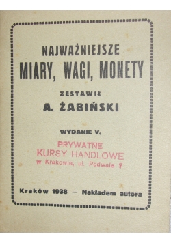 Najważniejsze miary ,wagi ,monety , 1938 r.