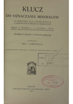 Klucz do oznaczania minerałów, 1925r.