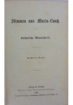 Stimmen aus Maria-Laach. Katholische Monatschrift, 6. Band, 1873 r.