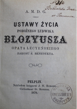 Ustawy Życia Pobożnego Ludwika Blozyusz 1870 r.