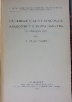 Najstarsze statuty synodalne krakowskie biskupa Nankera