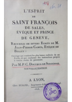 L'esprit de Saint Francois de sales, 1816 r.