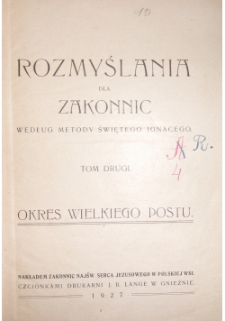 Rozmyślania dla zakonnic, 1927 r.