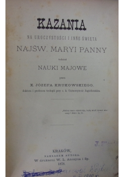 Kazania na uroczystości i inne święta Najśw. Maryi Panny, 1878 r.