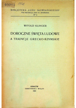Doroczne święta ludowe a tradycje grecko rzymskie 1931r