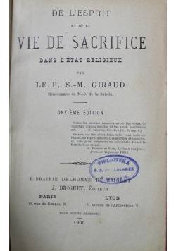 De L Esprit et de la Vie De Sacrifice Dans L Etat Religieux 1900 r.