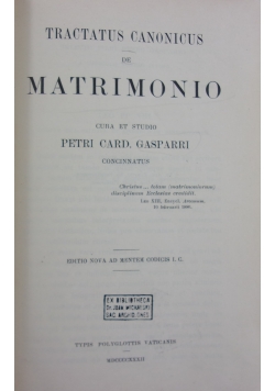 Tractatus Canonicus de Matrimonio Tom 1 i 2, 1932 r.