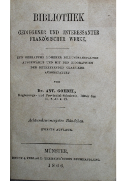 Bibliothek Gediegener und Interessanter Franzosischer Werke 1866 r.