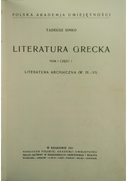Literatura Grecka, Tom I Część 1, 1931 r
