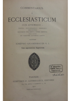 Commentarius in Ecclesiasticum, 1902 r.
