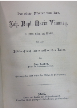 Der ehrw. Pfarrer von Ars, Joh Bapt. Maria Vianney