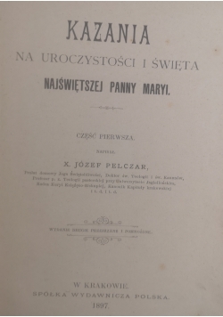 Kazania na uroczystości i święta Najświętszej Panny Maryi, 1897 r.