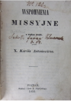 Wspomnienia missyjne, 1855r.