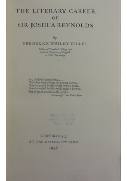 The Literary Career of Sir Joshua Reynolds, 1936 r.