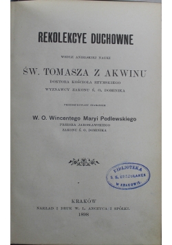 Rekolekcye Duchowne 1898 r + Autograf Podlewskiego