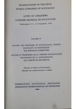 Trans Actions of the Fifth World Congress of Sociology Volume IV