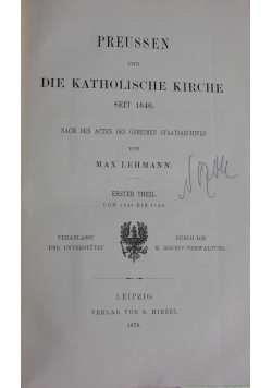 Preussen und di katolischhe kirche seit 1640. 1878r.