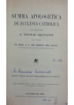 Summa Apologetica De Ecclesia Catholica, 1906 r.