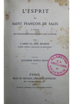 L Esprit de Saint Francois de Sales 1882 r.