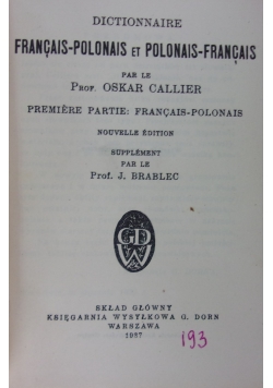 Słownik Francusko -Polski i Polsko-Francuski, 1937r.