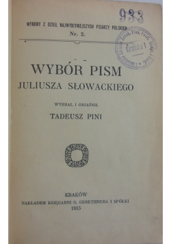 Wybór pism Juliusza Słowackiego, 1915 r.