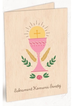 Karnet drewniany C6 + koperta Komunia Kielich różowy