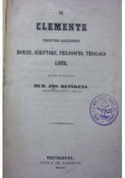 Melchiori, De Clemente, Homine, scriptore, philosopho, theologo Liber, 1851 r.