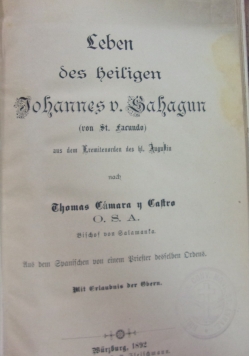 Leben des heiligen Johannes v. Sahagun, 1892 r.